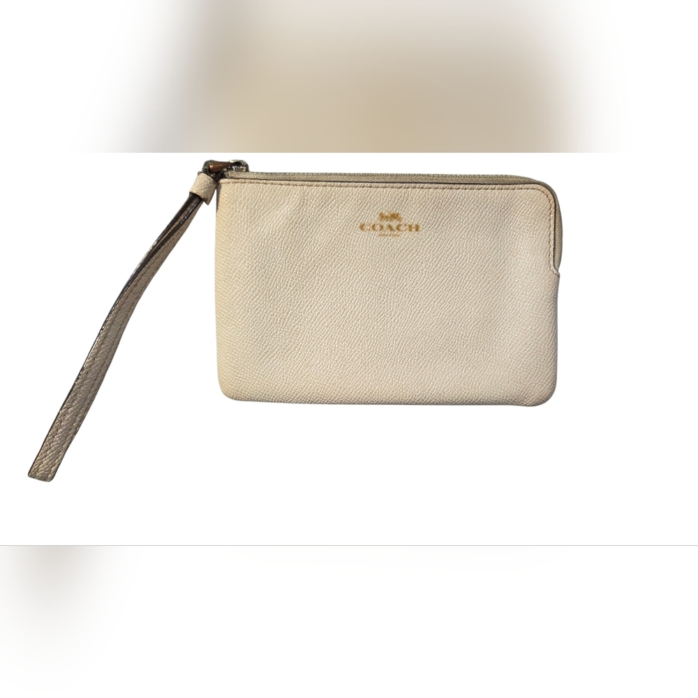Coach Leather Wristlet Zip Pouch Beige